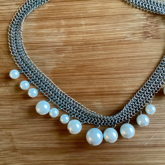 Geometric Mesh Collar Necklace With Pearls Designer Statement Jewelry Silvertone - Picture 4 of 14